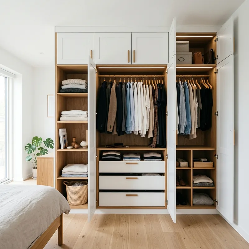 Indbygget garderobe med bøjlestang, skuffer og hylder.